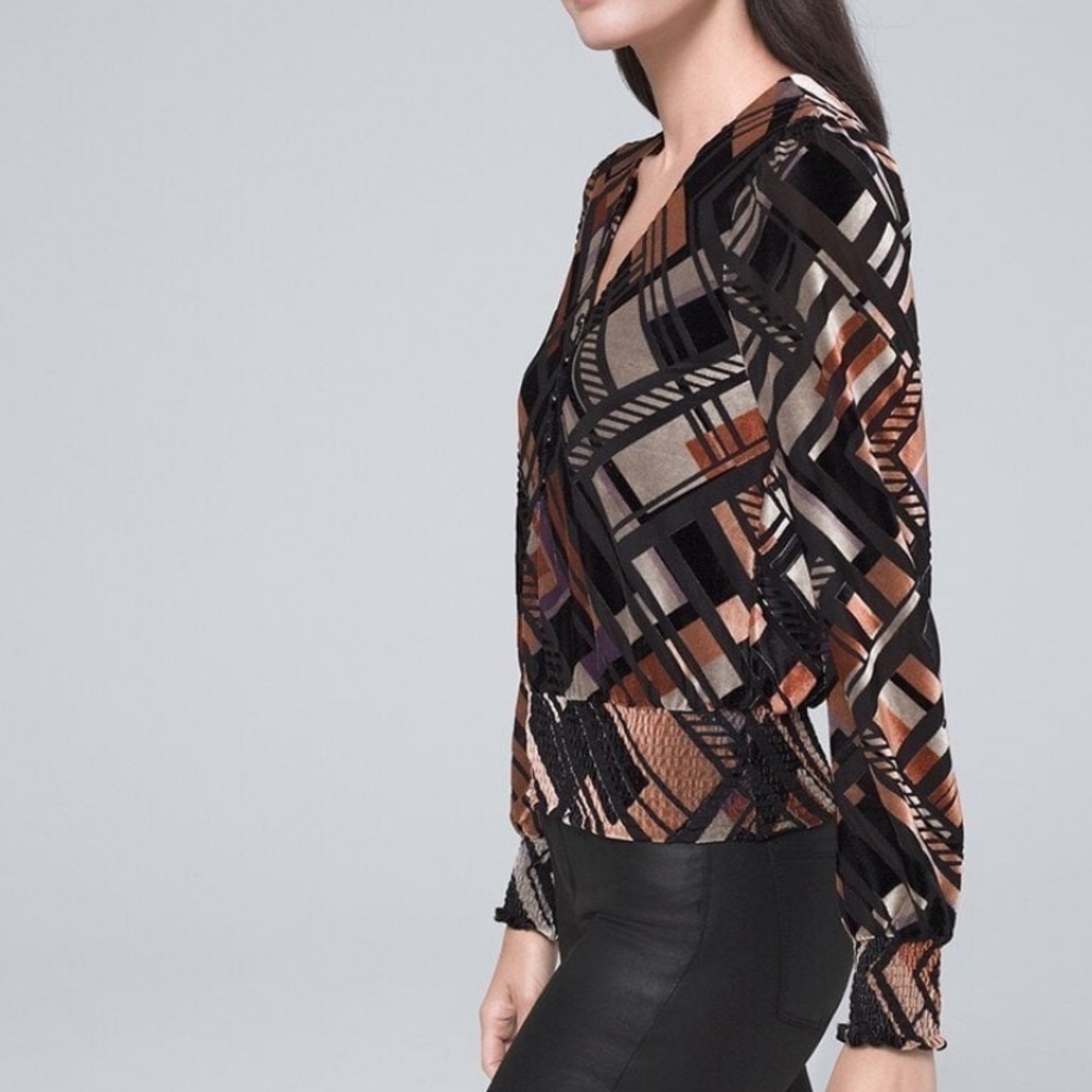 White House Black Market Geo Print Velvet Long Sleeve Blouse - Picture 2 of 8